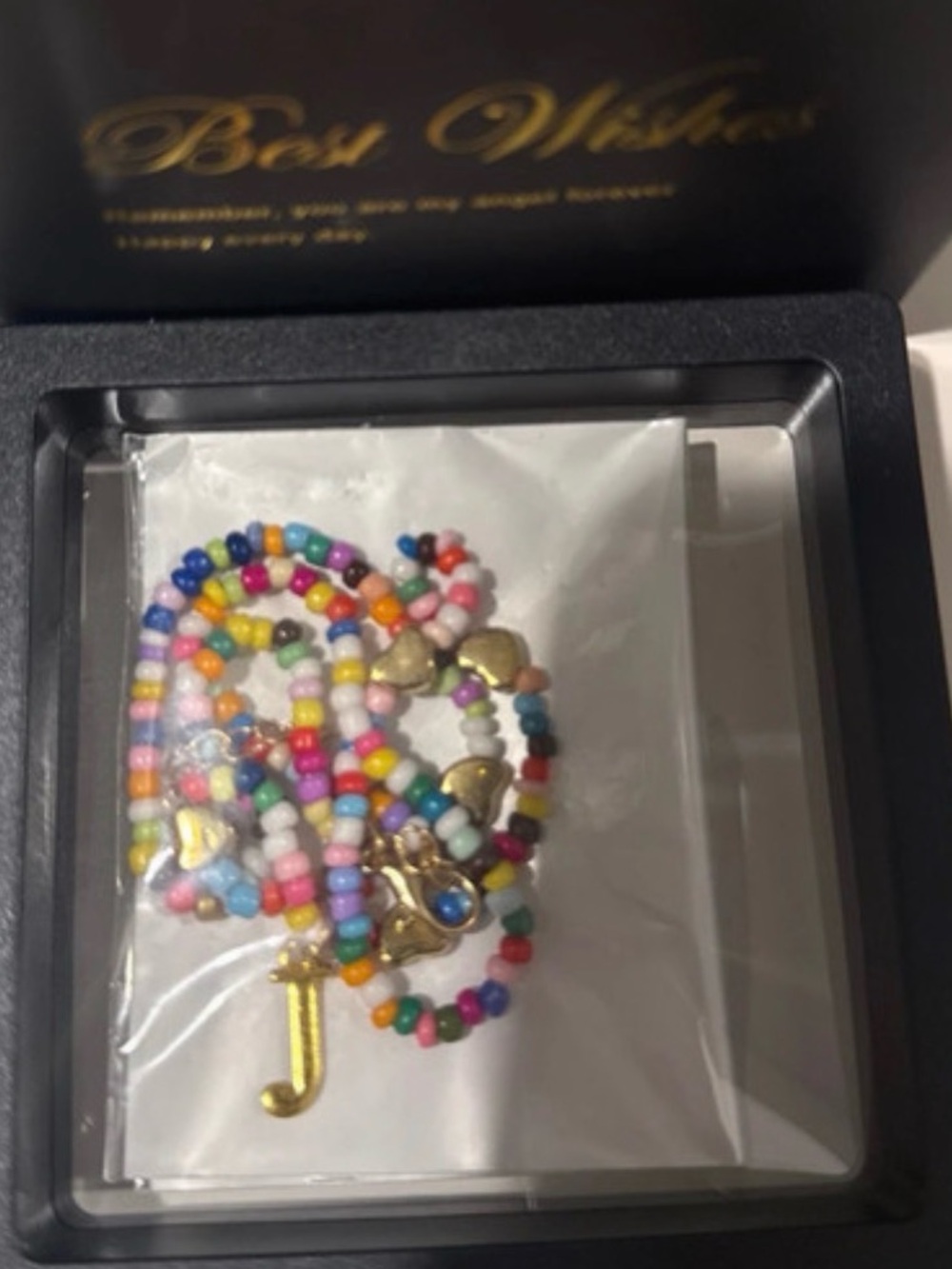 Bright Multicolor Seed Bead Necklace with Gold 'J' Charm NIB